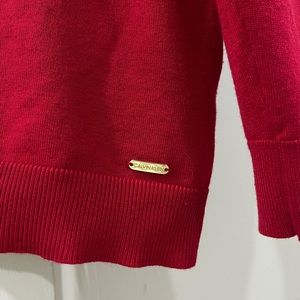 Calvin Klein Tops Red Mock Neck Knit Top Sweater Rib Knit Trim Gold Buttons